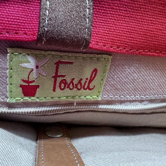 Fossil Coated Canvas Small Tote Bag Hand Bag Purse Pockets Orange Leather Straps - Picture 2 of 13